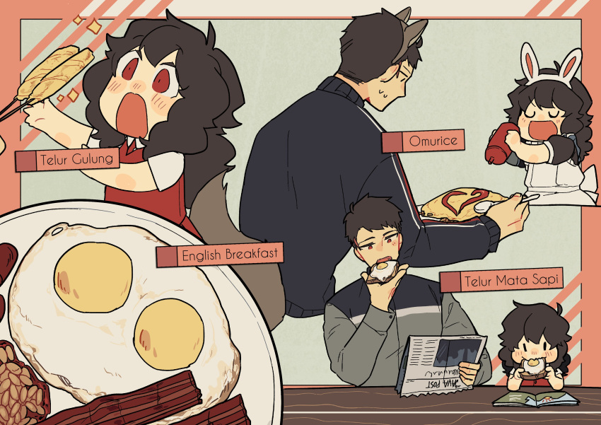 1boy, 1girl, absurdres, beans, black_hair, breakfast, child, daji_(sihanjir)