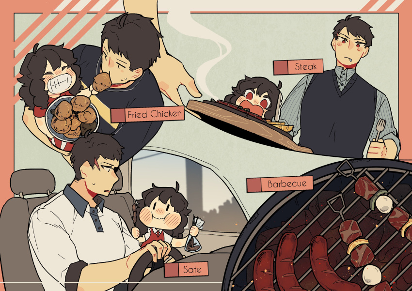 1boy, 1girl, absurdres, barbecue, black_hair, blush, collared_shirt, daji_(sihanjir)