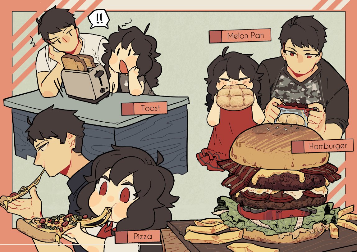 1boy, 1girl, bacon, black_hair, cheese, daji_(sihanjir), eating, father_and_daughter