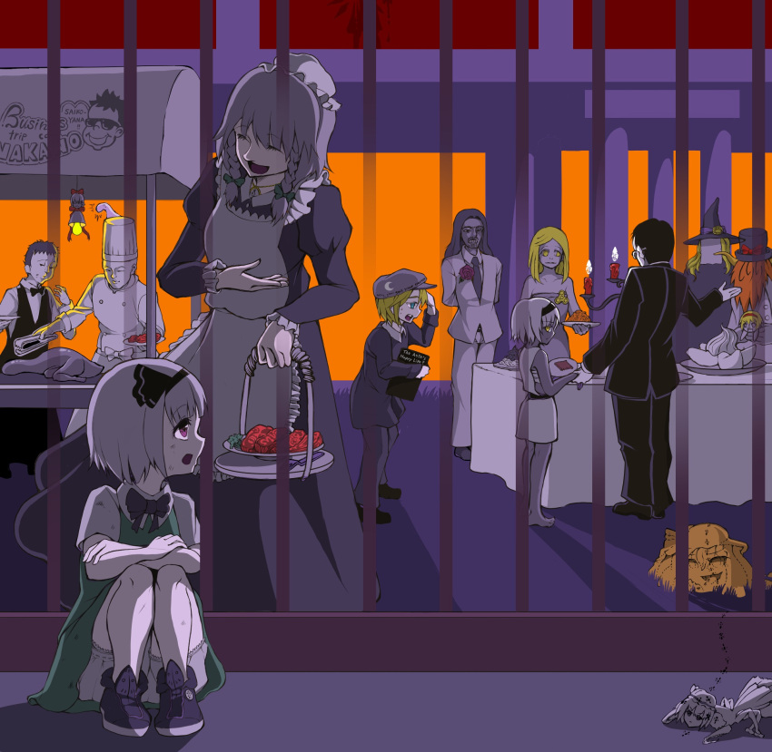 4girls, 6+boys, ^^^, alice_margatroid, androgynous, ant, asatsuki_(cookie), atouda_ako_(character), bald, bangs, barefoot, basket, black_bow, black_dress, black_hairband, black_headwear, black_jacket, black_neckwear, black_pants, black_ribbon, black_vest, blonde_hair, blouse, bow, braid, bug, cabbie_hat, candle, chef_hat, chef_uniform, closed_eyes, closed_mouth, collared_blouse, commentary_request, cookie_(touhou), double-breasted, dress, eating, eska_(cookie), extra_arms, eyebrows_visible_through_hair, fence, fidget_spinner, fire, flower, fork, formal, full_body, genpatsu_(cookie), green_bow, green_skirt, green_vest, grey_hair, hair_between_eyes, hairband, hat, hazuna_rio, highres, hisaka_(cookie), holding, holding_basket, holding_plate, ichigo_(cookie), insect, izayoi_sakuya, jacket, jyu_(cookie), kansai_claimer_(inmu), kirisame_marisa, konpaku_youmu, lazy_eye, long_hair, looking_at_another, looking_back, looking_to_the_side, maid, manatsu_no_yo_no_inmu, medium_hair, miura_meat, multiple_boys, multiple_girls, nakano_(inmu), necktie, night, open_mouth, orange_hair, outdoors, pants, plate, red_flower, rei_(cookie), remilia_scarlet, ribbon, rose, sarashi, short_hair, sitting, skirt, sleeveless, sleeveless_dress, smile, standing, suit, table, tongs, touhou, tsuno_(nicoseiga11206720), twin_braids, very_short_hair, vest, violet_eyes, white_blouse, white_jacket, white_sleeves, witch_hat, yellow_eyes