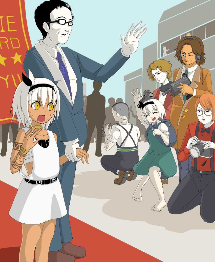 2girls, 5boys, absurdres, alternate_costume, anger_vein, arm_tattoo, asatsuki_(cookie), aztec