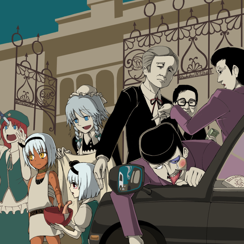 4boys, 4girls, anger_vein, arm_tattoo, asatsuki_(cookie), bangs, beaten, beret