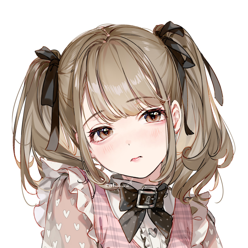 1girl, absurdres, al_mican, bangs, black_ribbon, brown_eyes, buckle, eyebrows_visible_through_hair