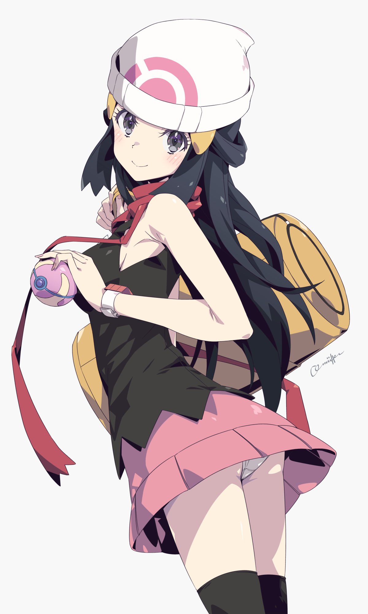 1girl, artist_name, ass, bag, beanie, black_blouse, black_eyes, black_hair