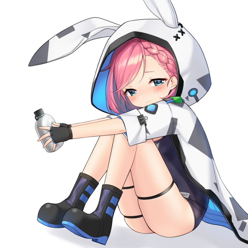 1girl, animal_ears, blue_eyes, blush, boots, braid, canteen, crown_braid
