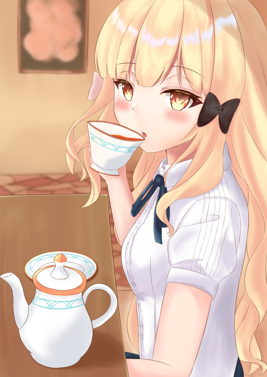 1girl, bangs, black_bow, blonde_hair, blush, bow, breasts, casual