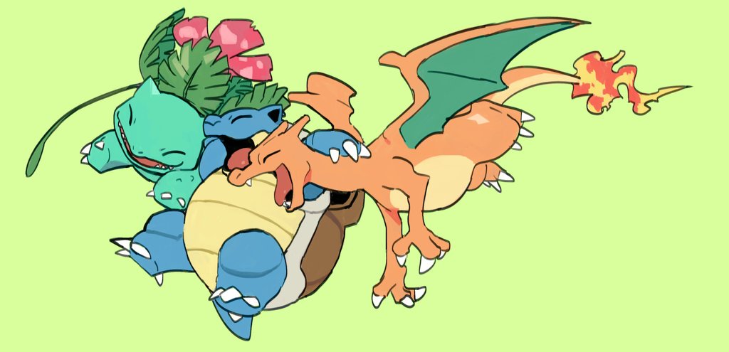 blastoise, charizard, claws, closed_eyes, commentary, fangs, fire, flame, gen_1_pokemon, green_background, kochi8i, no_humans, open_mouth, plant, pokemon, pokemon_(creature), simple_background, tongue, venusaur, vines