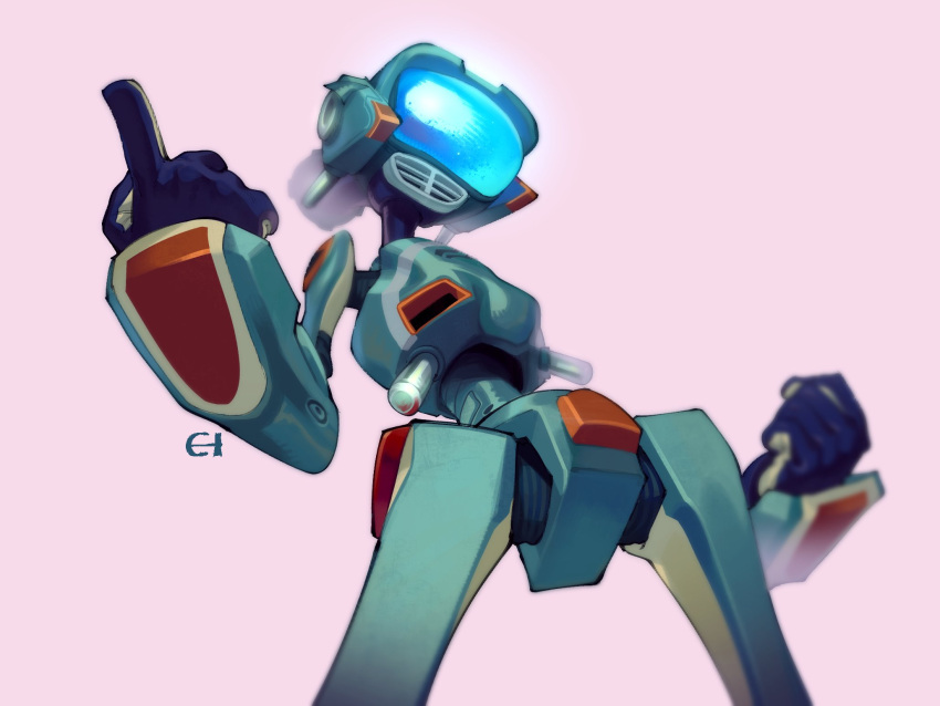 canti, clenched_hand, eigaka, flcl, highres, index_finger_raised, machinery, no_humans, pelvic_thrust, pink_background, pointing, pose, robot, screen, signature, television