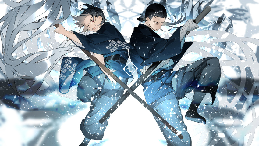 2boys, baggy_pants, bakaouzi999, bandaged_arm, bandaged_hands, bandaged_neck, bandages, black_eyes