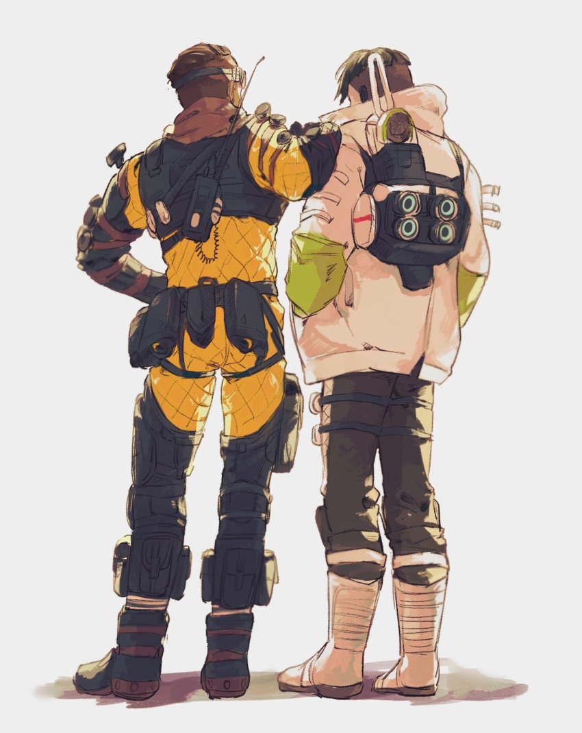 2boys, apex_legends, arm_on_shoulder, black_hair, black_pants, boots, crypto_(apex_legends), from_behind
