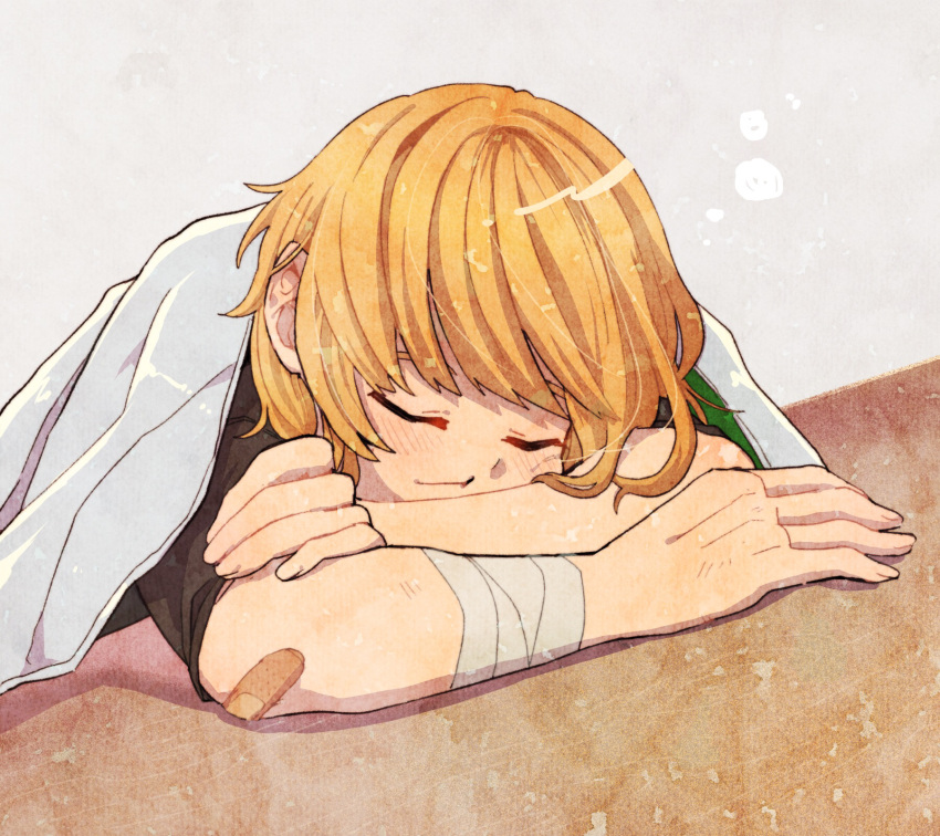 1girl, apex_legends, bandaged_arm, bandages, bandaid, bandaid_on_arm, black_shirt, blonde_hair