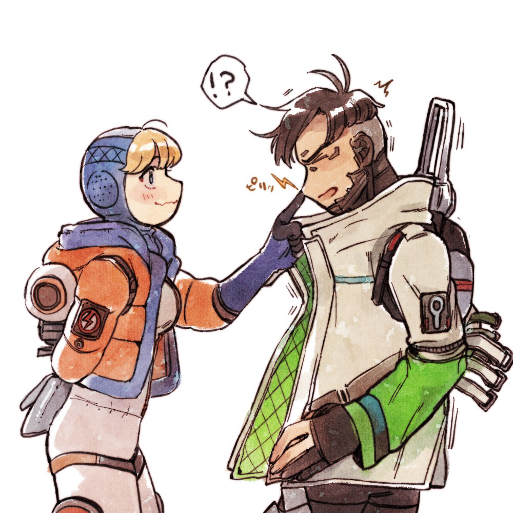 !, !?, 1boy, 1girl, ?, apex_legends, black_gloves, black_hair