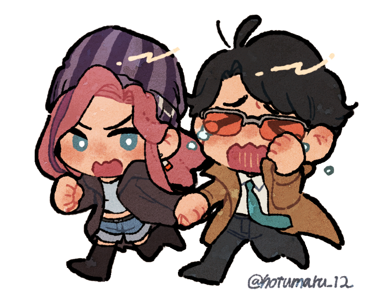 1boy, 1girl, apex_legends, aqua_neckwear, artist_name, beanie, black_hair, black_pants