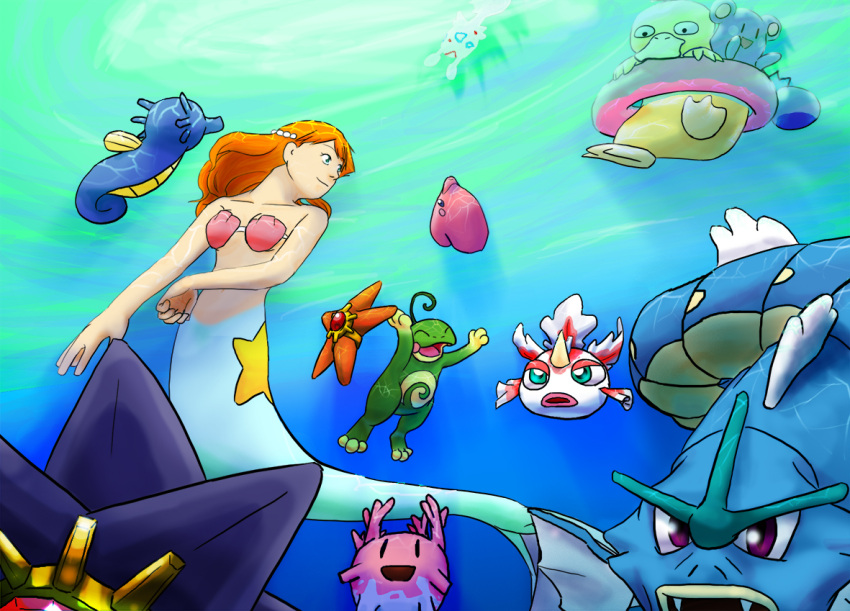 1girl, 6+others, blue_eyes, corsola, dtjaewon2348, gen_1_pokemon, gen_2_pokemon, gen_3_pokemon