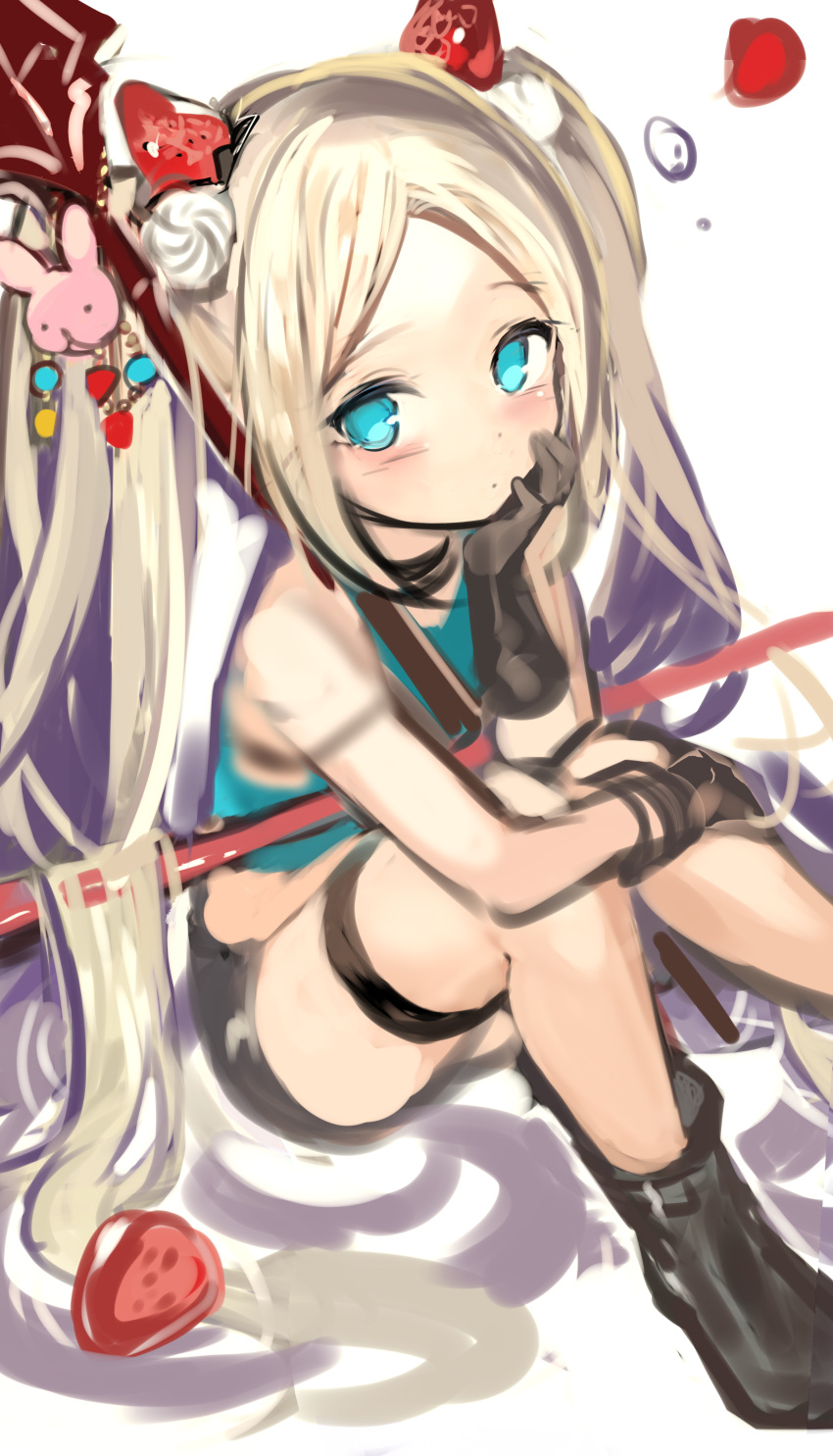 1girl, absurdres, bangs, bare_shoulders, black_footwear, black_gloves, black_shorts, blonde_hair