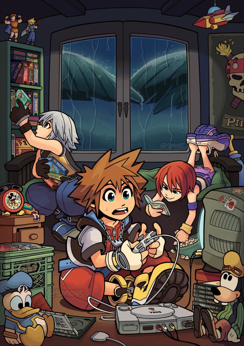 1girl, 2boys, basket, bed, bowl, brown_hair, character_doll, cloud_strife