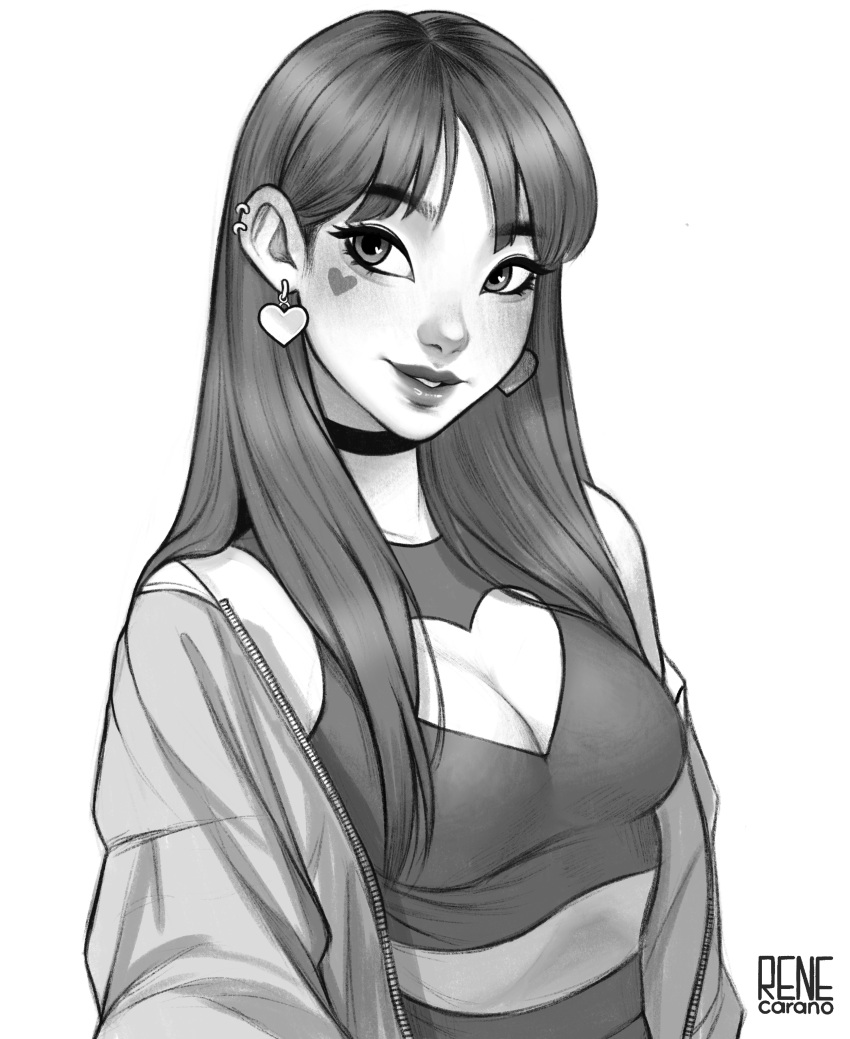 1girl, absurdres, artist_name, black_choker, breasts, choker, cleavage_cutout, clothing_cutout, crop_top, ear_piercing, earrings, greyscale, heart, heart_cutout, heart_earrings, highres, jacket, jewelry, looking_to_the_side, medium_breasts, monochrome, original, parted_lips, piercing, procreate_(medium), rene_carano, smile, solo, thick_lips, white_background