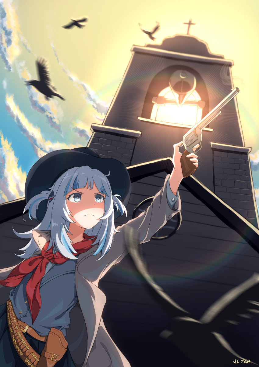 >:(, 1girl, alternate_costume, arm_up, backlighting, bandana, bandolier, bangs, bell, bird, blue_eyes, blue_hair, blue_shirt, cartridge, church, church_bell, clouds, coat, cowboy_hat, cross, duster_coat, eyebrows_visible_through_hair, finger_on_trigger, frown, furrowed_eyebrows, gawr_gura, gun, hair_ornament, handgun, hat, highres, holding, holding_gun, holding_weapon, hololive, hololive_english, holster, jl_tan, leaning_to_the_side, long_sleeves, looking_up, mixed-language_commentary, multicolored_hair, open_clothes, open_coat, revolver, shark_hair_ornament, shirt, short_hair, sky, smoke, smoking_gun, solo, standing, sun, two_side_up, upper_body, virtual_youtuber, weapon, western, white_hair