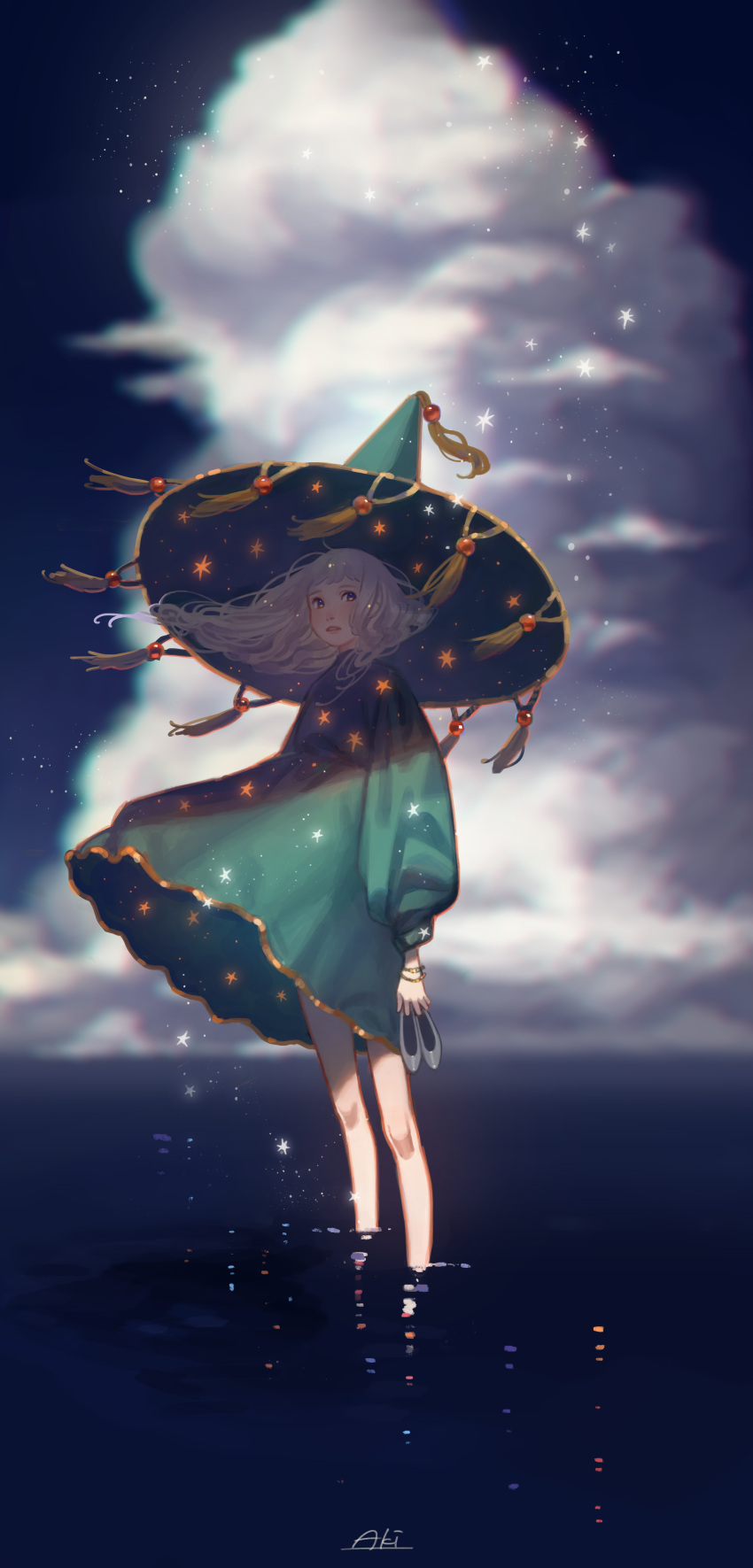 1girl, absurdres, aki_a0623, bangs, clouds, dress, green_dress, hat