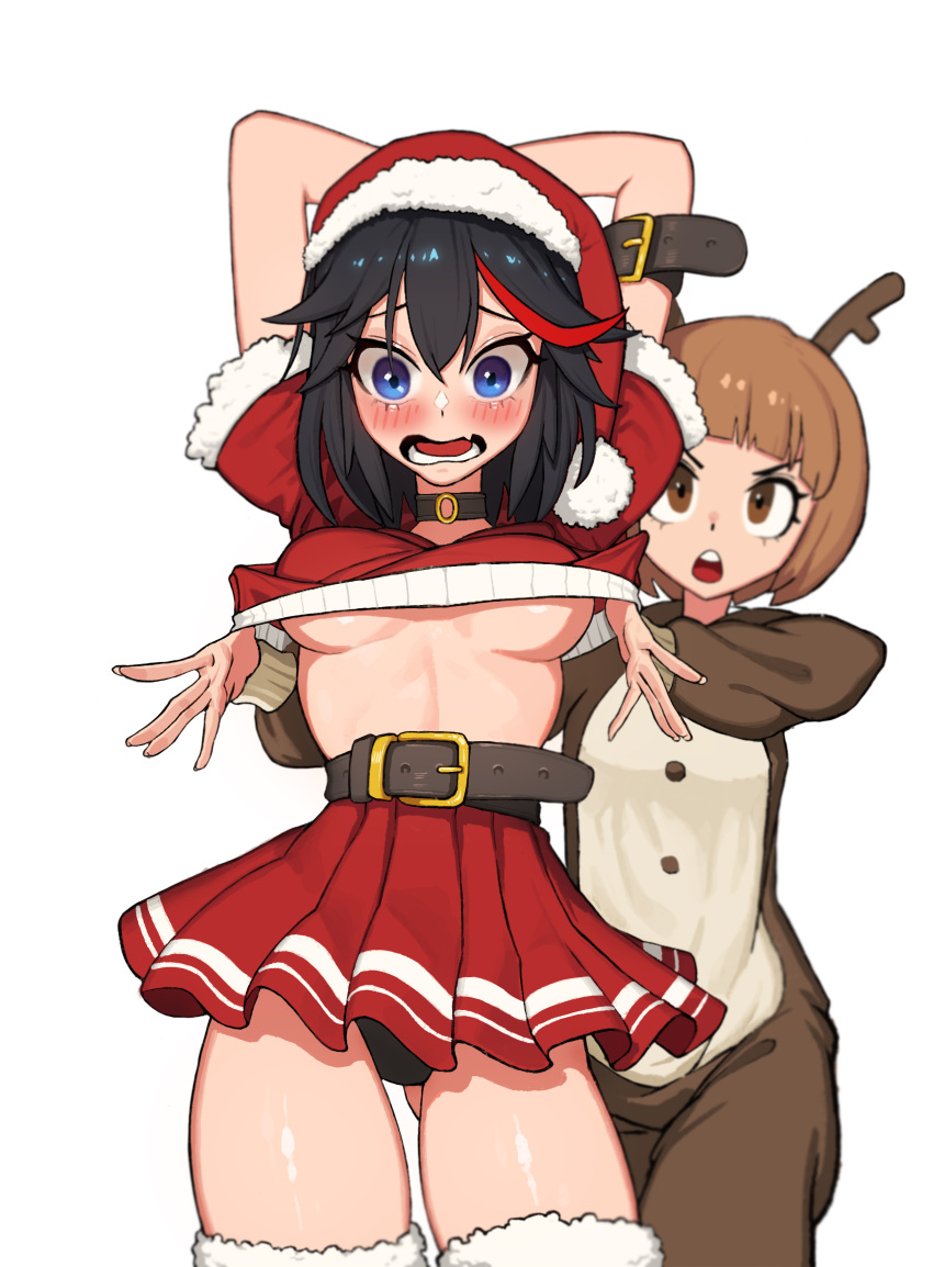 2girls, absurdres, alternate_costume, animal_costume, antlers, arm_strap, ass_visible_through_thighs, belt