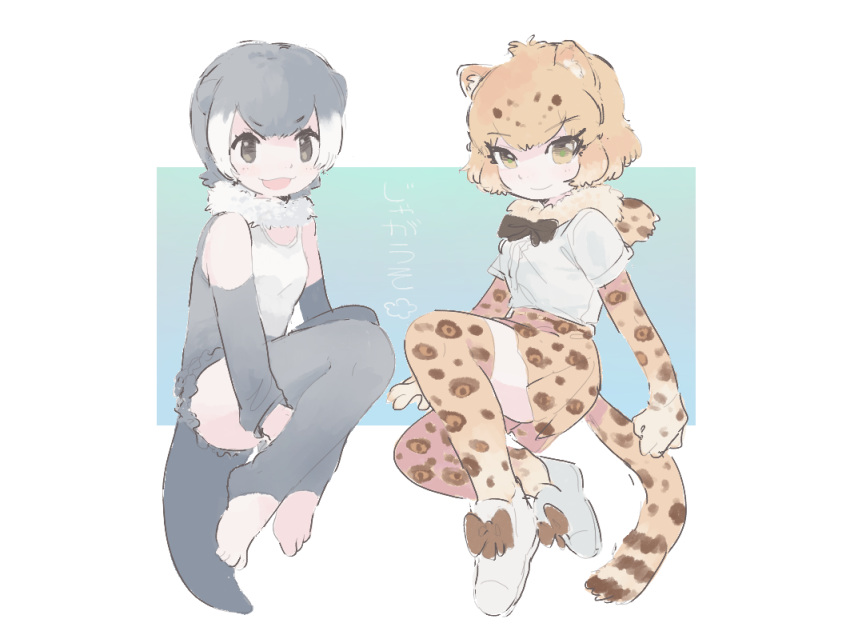 2girls, :3, animal_ear_fluff, animal_ears, animal_print, arms_at_sides, bangs, bare_shoulders