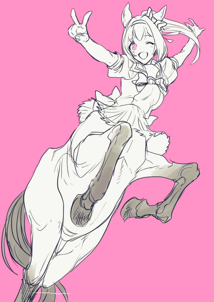 1girl, ;d, animal_ears, arms_up, bangs, blush, bow, breasts