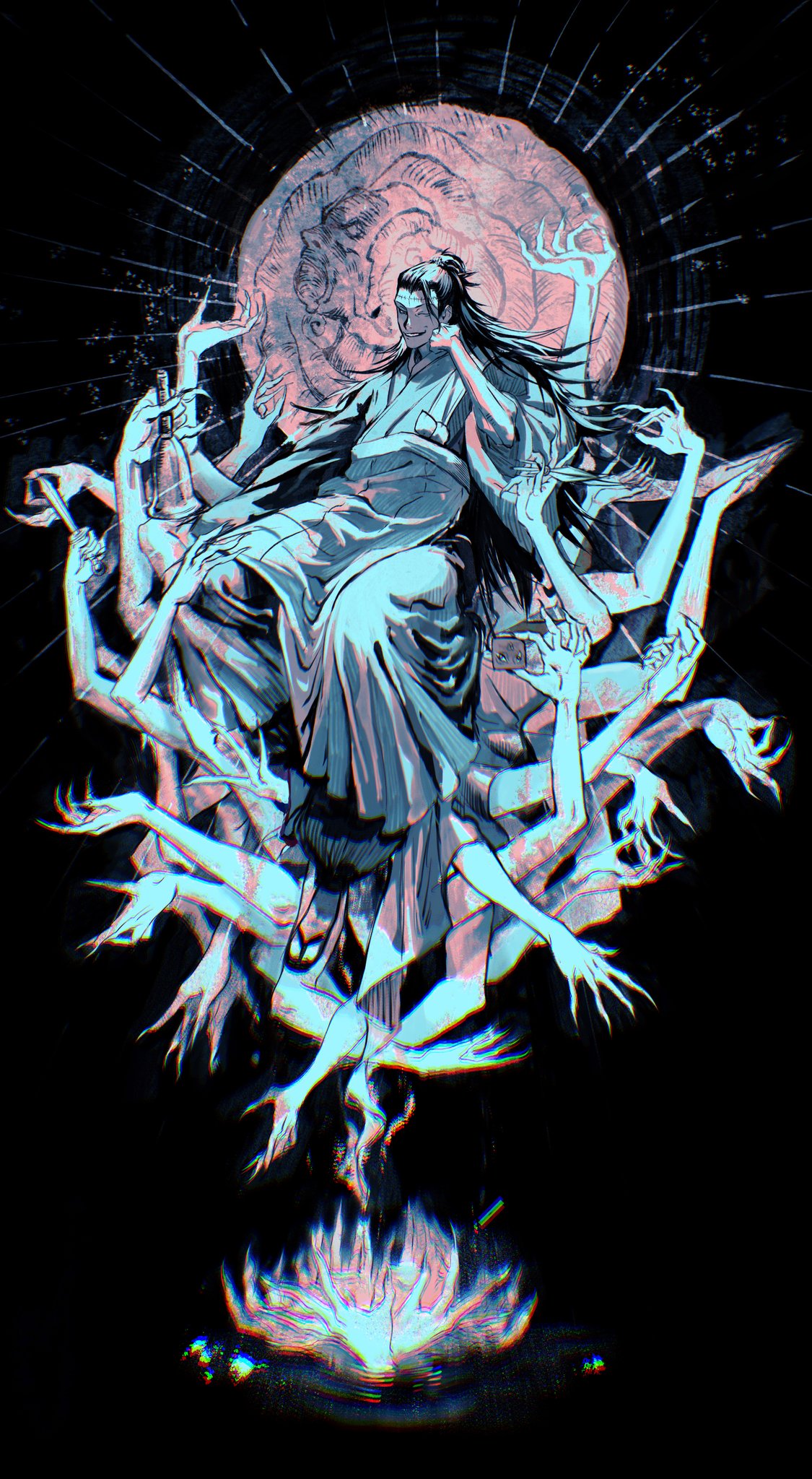 1boy, bell, black_background, black_hair, extra_arms, full_body, getou_suguru, hair_bun, highres, japanese_clothes, jujutsu_kaisen, kimono, knife, male_focus, momoyoru1, multiple_hands, one_eye_closed, robe, sandals, sitting, smile, stitches