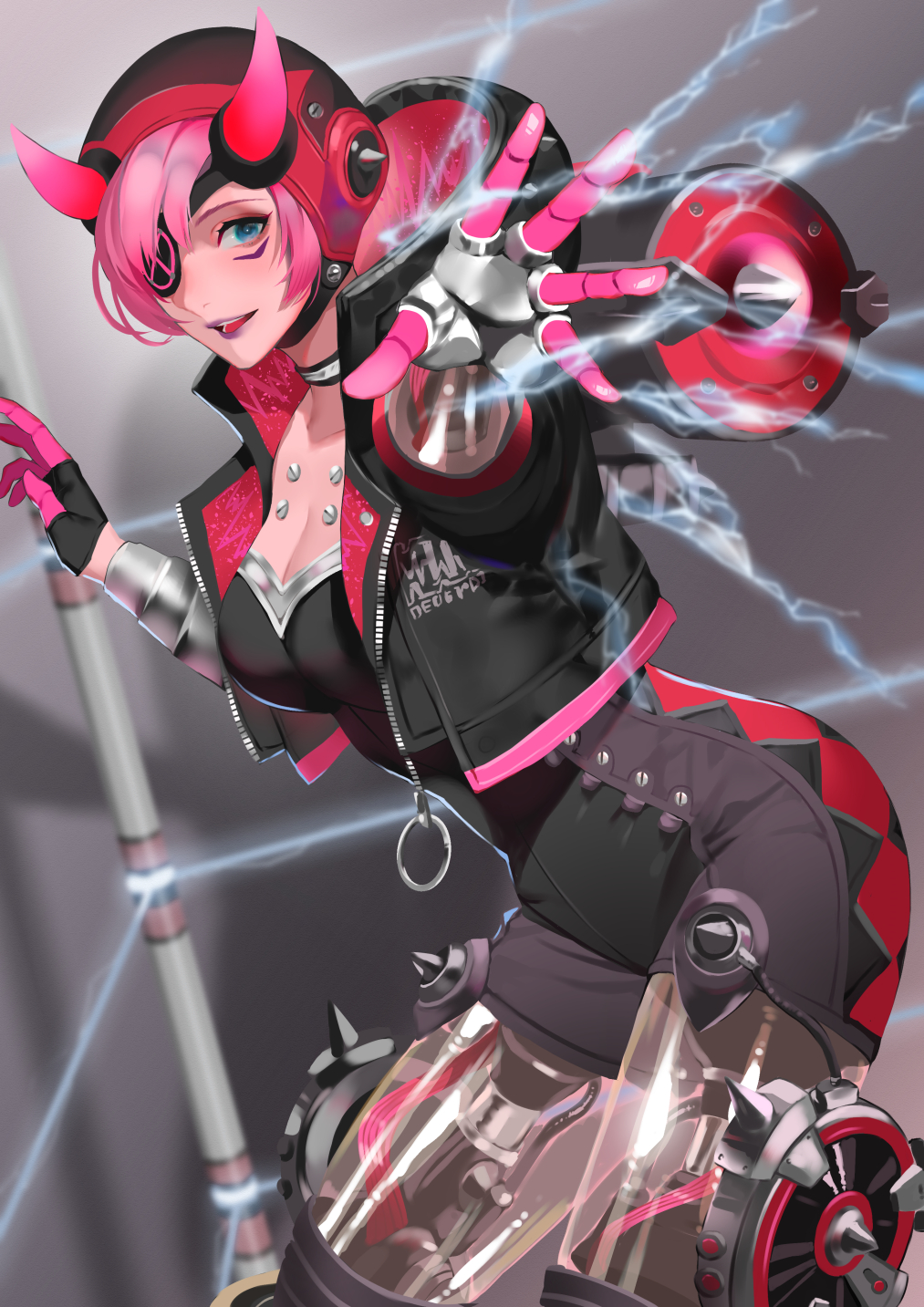 1girl, apex_legends, black_bodysuit, black_choker, black_gloves, black_jacket, blue_eyes, bodysuit, choker, cropped_jacket, cyber_punked_wattson, electricity, eyepatch, gloves, highres, horns, jacket, lipstick, makeup, mechanical_arms, mechanical_legs, meriko_(meri_com25), one_eye_covered, open_hand, open_mouth, pink_gloves, pink_hair, purple_lips, red_headwear, single_mechanical_arm, solo, two-tone_gloves, wattson_(apex_legends)