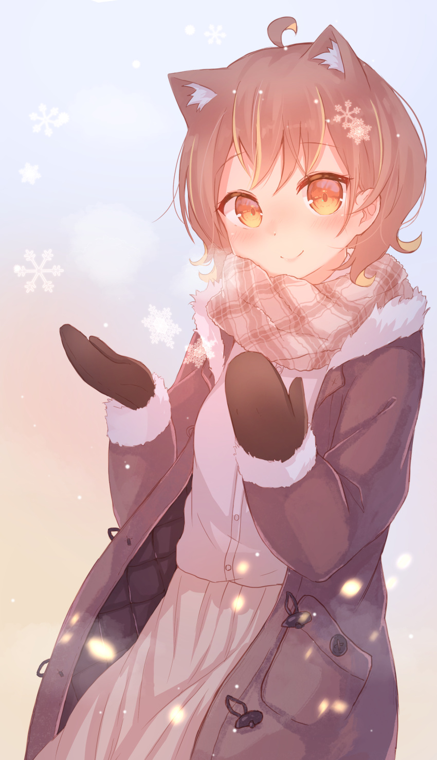 1girl, absurdres, ahoge, animal_ear_fluff, animal_ears, annin_miru, annin_miru_channel, bangs, black_mittens, blush, breasts, brown_coat, brown_eyes, brown_hair, brown_scarf, brown_skirt, closed_mouth, coat, commentary_request, eyebrows_visible_through_hair, fur-trimmed_sleeves, fur_trim, hands_up, highres, long_sleeves, maka_neko, mittens, open_clothes, open_coat, pleated_skirt, scarf, shirt, skirt, small_breasts, smile, snowflakes, solo, virtual_youtuber, white_shirt