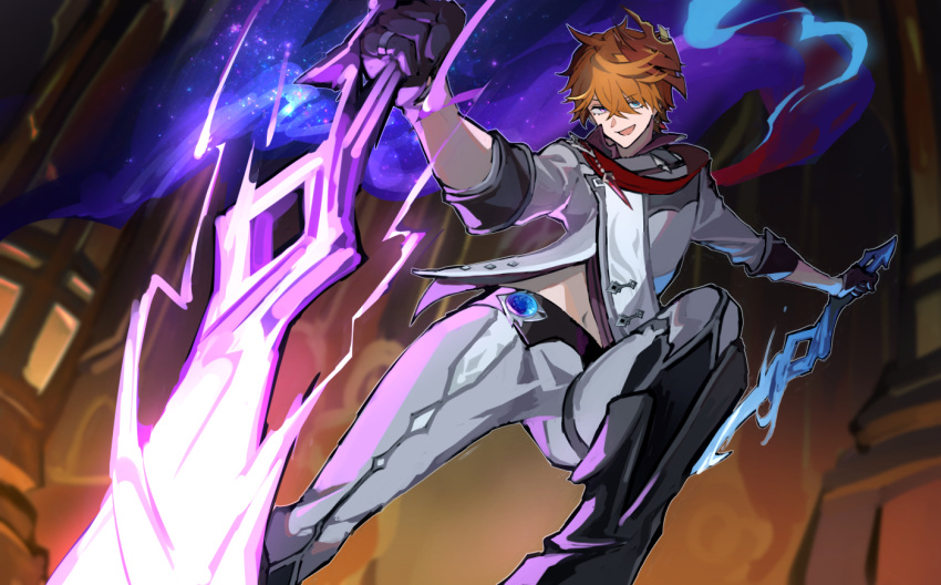 1boy, bangs, black_gloves, blue_eyes, dual_wielding, electricity, genshin_impact, gloves