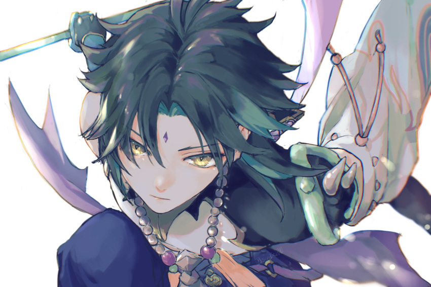 1boy, armor, asymmetrical_clothes, bangs, bead_necklace, beads, closed_mouth, facial_mark