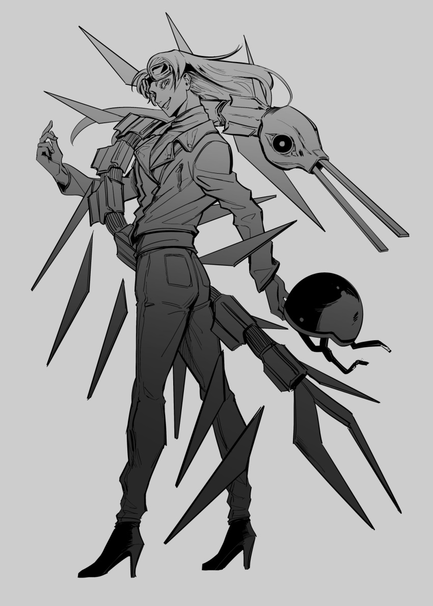 1girl, arm_up, biker_clothes, creature, denim, full_body, goggles, halveablock