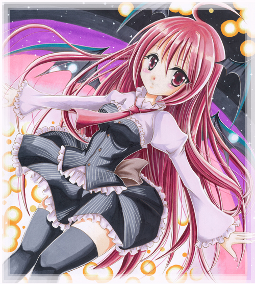 bat_wings, black_legwear, black_thighhighs, colored_pencil_(medium), frills, head_wings, headwings, koakuma