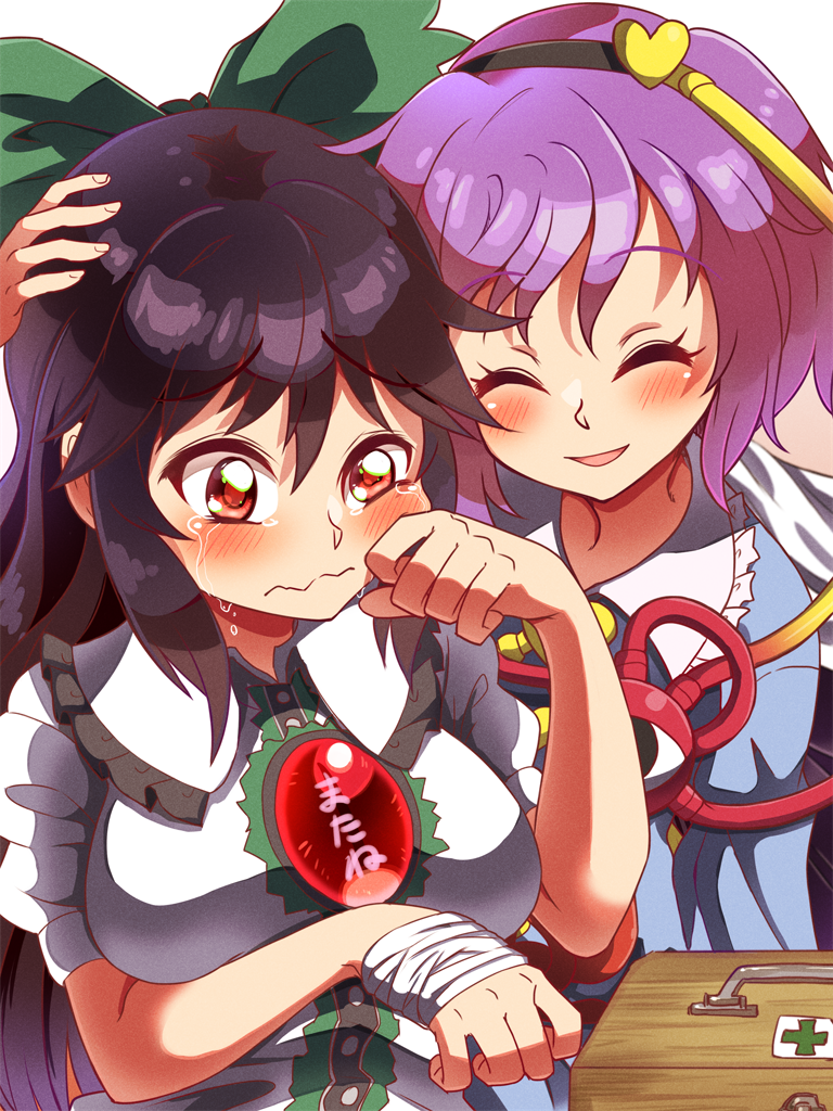 2girls, ^_^, bandaged_head, bandages, bangs, behind_another, black_hair, blouse, blue_blouse, blush, bow, brooch, closed_eyes, collared_blouse, commentary_request, crying, crying_with_eyes_open, eyebrows_visible_through_hair, first_aid_kit, frilled_shirt_collar, frills, furrowed_eyebrows, green_bow, hair_bow, hairband, hand_on_another's_head, hand_up, jeff17, jewelry, komeiji_satori, long_hair, long_sleeves, medium_hair, multiple_girls, purple_hair, red_eyes, reiuji_utsuho, smile, tears, third_eye, touhou, upper_body, wavy_mouth, wing_collar