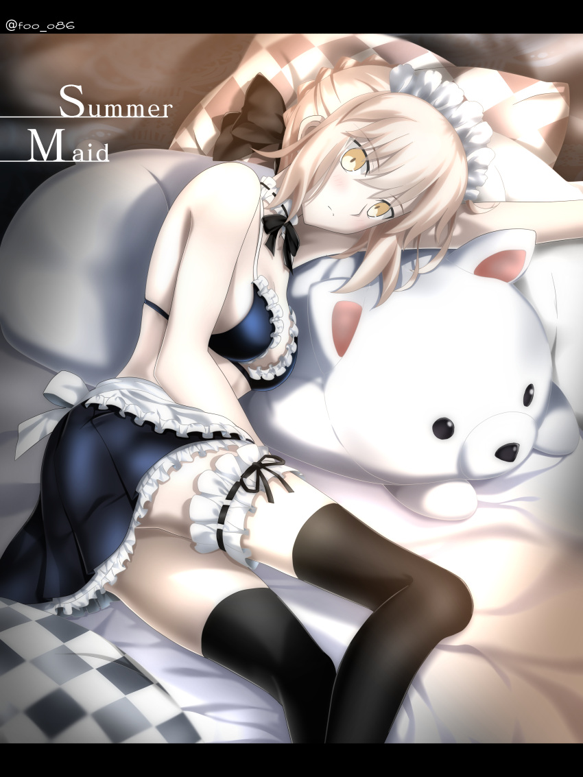 1girl, absurdres, apron, artoria_pendragon_(all), artoria_pendragon_(alter_swimsuit_rider)_(fate), bangs, black_bow, black_legwear