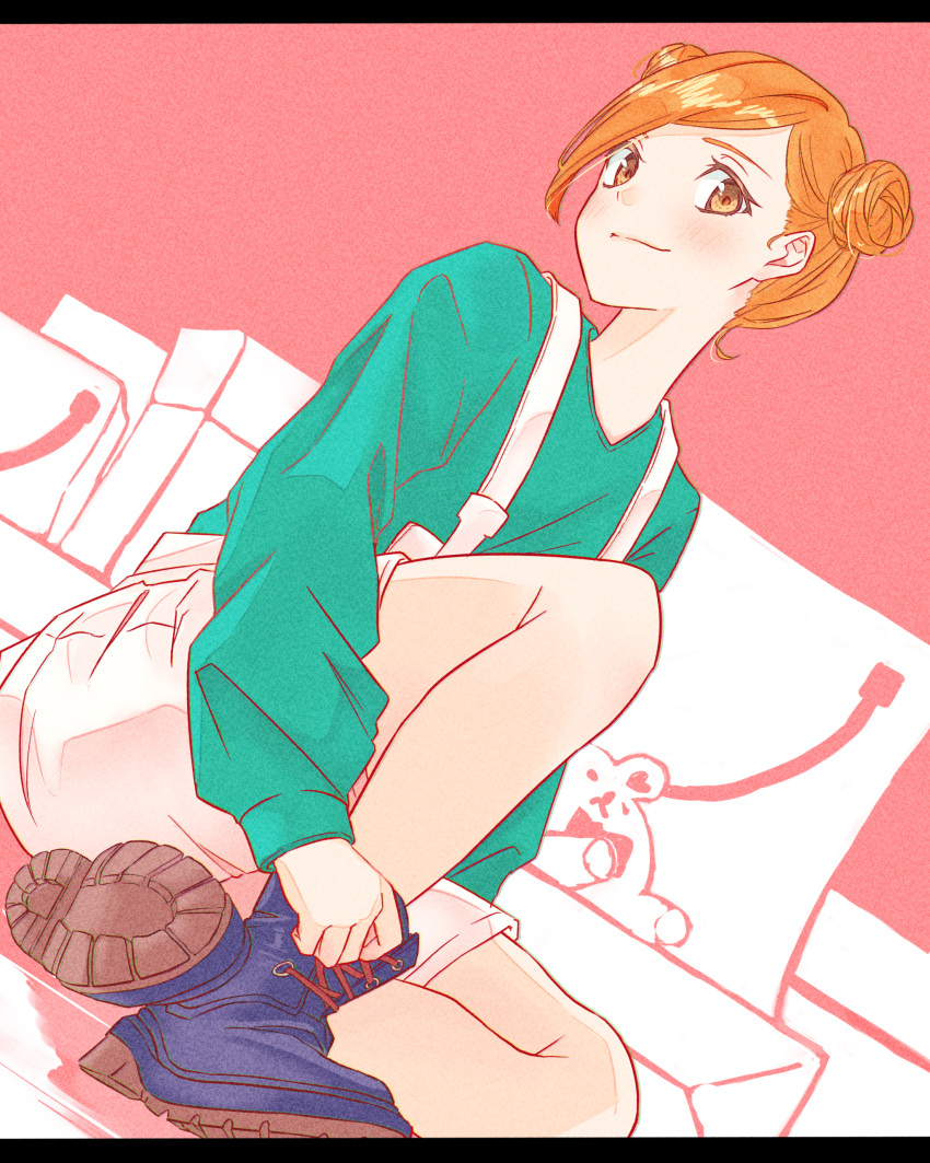 1girl, absurdres, bag, bangs, blue_footwear, blue_shirt, brown_eyes, brown_hair, closed_mouth, double_bun, dutch_angle, ezaki_hiyori, full_body, highres, jujutsu_kaisen, knee_up, kugisaki_nobara, long_sleeves, looking_at_viewer, overalls, pink_background, shirt, shoes, shopping_bag, short_hair, shorts, sitting, smile, solo, swept_bangs, white_shorts