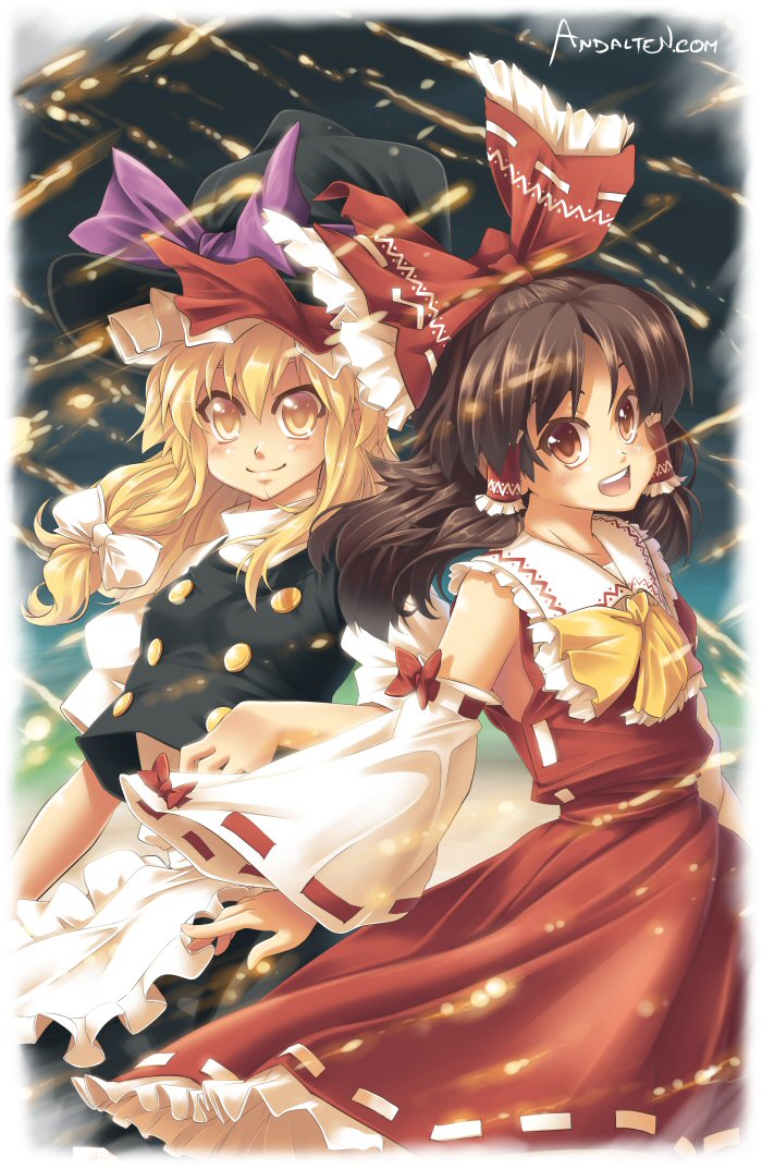 bad_id, hakurei_reimu, hat, kirisame_marisa, landre, multiple_girls, touhou
