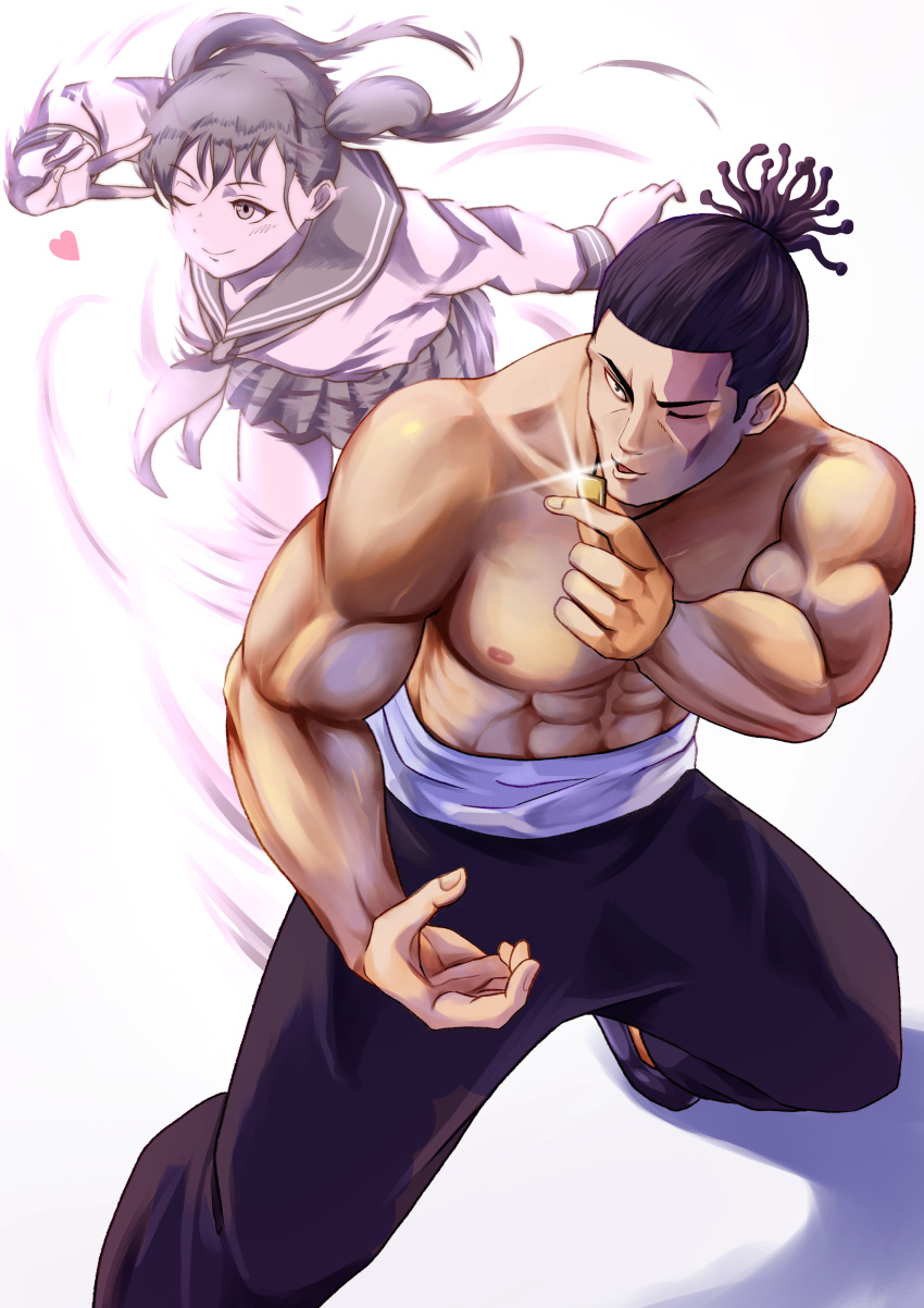 1boy, 1girl, abs, absurdres, bangs, biceps, black_eyes, black_hair