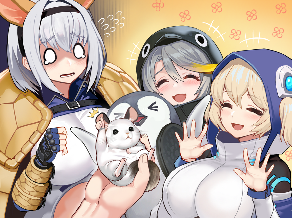 >_<, 3girls, :3, animal, animal_costume, animal_hood, armadillo_ears, armadillo_shell, bird, blonde_hair, blush, breasts, chest_strap, chinchilla_(animal), closed_mouth, ella_of_the_sky, empress_(last_origin), hair_between_eyes, hair_through_headwear, hairband, hood, huge_breasts, last_origin, long_hair, multicolored_hair, multiple_girls, official_art, open_mouth, oppai_loli, penguin, penguin_costume, penguin_hood, saetti, short_hair, silver_hair, smile, streaked_hair, tears, thumbs_up, twintails