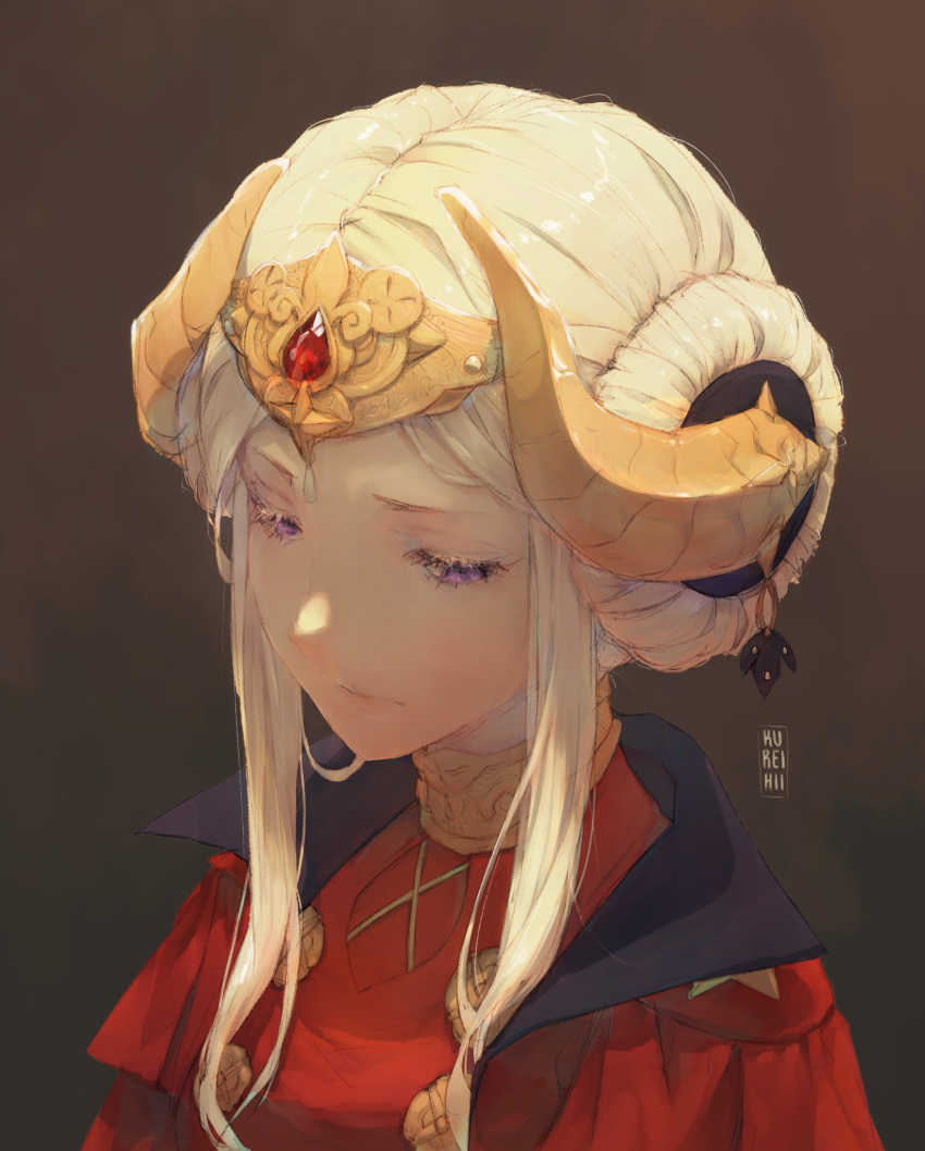 brown_background, closed_eyes, double_bun, edelgard_von_hresvelg, fake_horns, fire_emblem, fire_emblem:_three_houses, half-closed_eyes