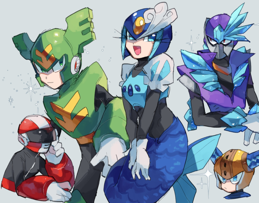 1girl, 4boys, adjusting_eyewear, armor, black_bodysuit, blue_eyes, blue_headwear, bodysuit