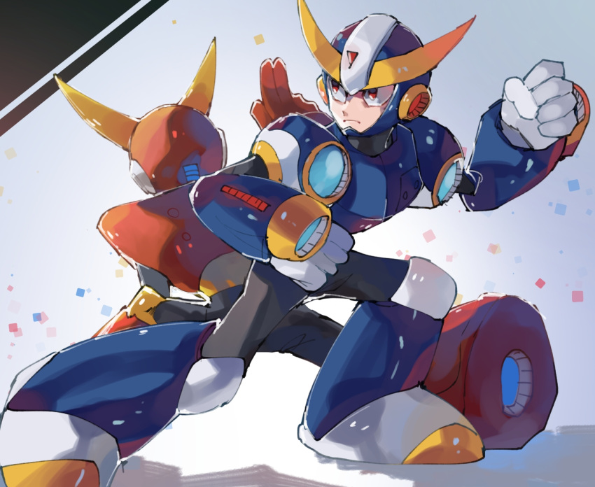 2boys, arm_cannon, armor, back-to-back, ballade, black_bodysuit, blue_background, blue_footwear, blue_headwear, bodysuit, boots, breastplate, chikichi, clenched_hands, closed_mouth, commentary, english_commentary, fighting_stance, full_body, hand_up, helmet, highres, knee_boots, knee_pads, kuji-in, looking_to_the_side, male_focus, mega_man_(classic), mega_man_(series), mixed-language_commentary, multiple_boys, quickman, red_eyes, red_footwear, red_headwear, rockman, rockman_2, rockman_world_4, shoulder_armor, simple_background, standing, weapon