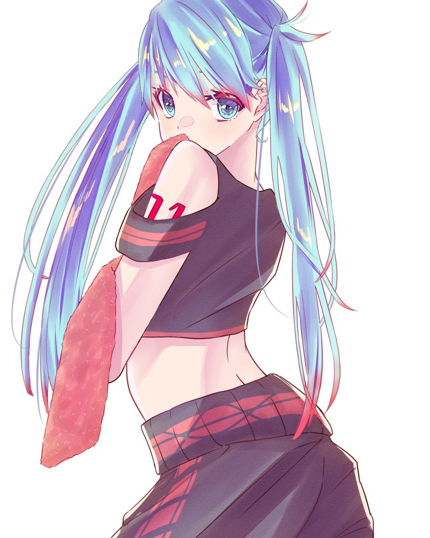 1girl, absurdres, bangs, bare_shoulders, black_pants, black_shirt, blue_eyes, blue_hair