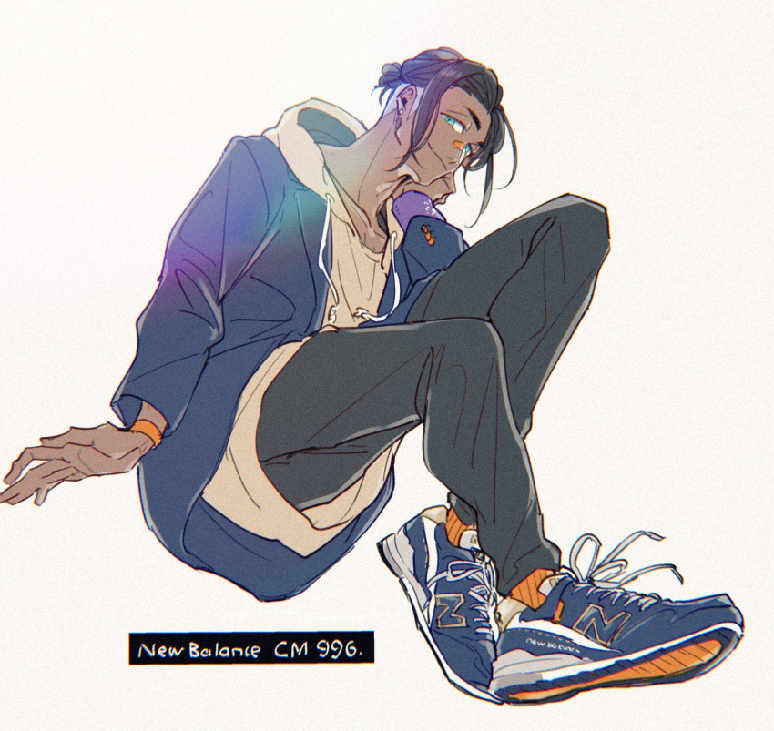 1boy, alternate_costume, bandaid, bandaid_on_nose, black_hair, closed_mouth, collarbone, dark_skin