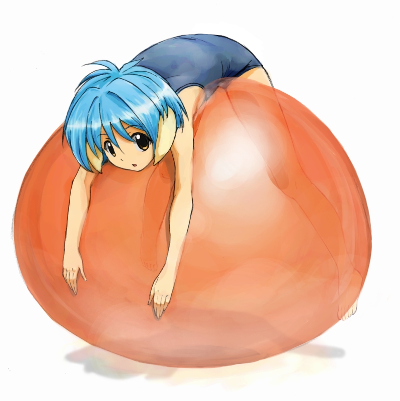 bad_id, balance_ball, ball, balloon, barefoot, blue_hair, brown_eyes, exercise_ball