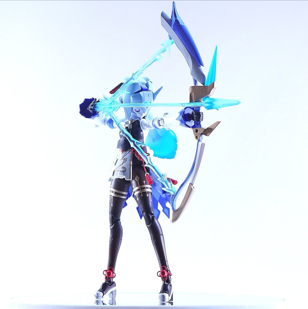 1girl, blue_hair, bow_(weapon), breasts, floating_hair, fusion, ganyu_(genshin_impact), genshin_impact