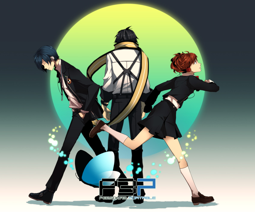 black_hair, blue_hair, brown_eyes, brown_hair, closed_eyes, digital_media_player, female_protagonist_(persona_3), highres