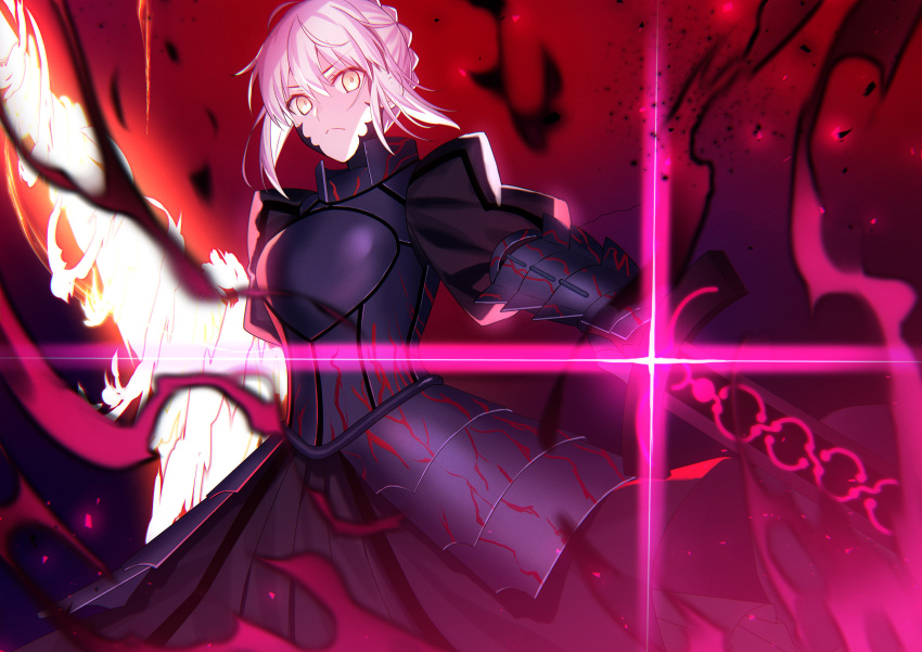 1girl, armor, armored_dress, artoria_pendragon_(all), black_armor, blonde_hair, dark, excalibur_morgan_(fate)