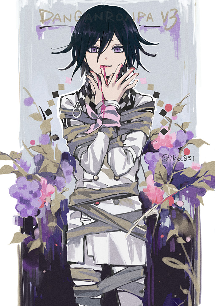 1boy, bandages, bangs, black_hair, blood, bloody_hands, border, bound
