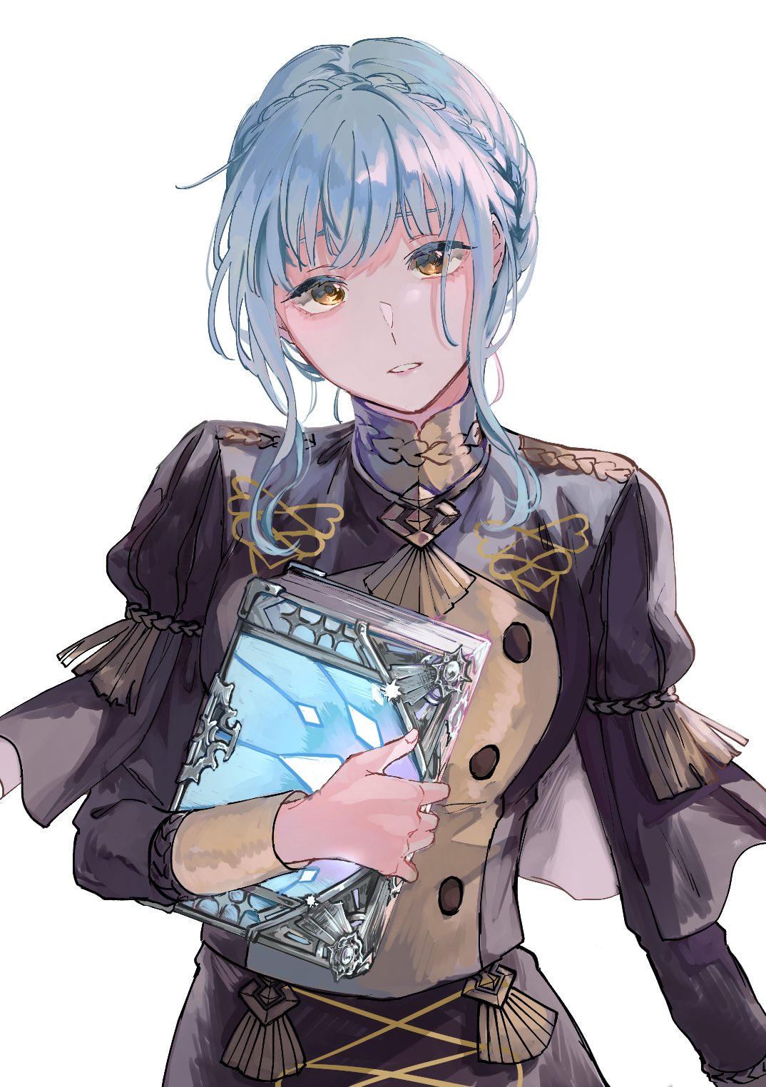 1girl, bangs, black_jacket, black_skirt, blue_hair, book, braid, brown_eyes, commentary_request, crown_braid, fire_emblem, fire_emblem:_three_houses, garreg_mach_monastery_uniform, head_tilt, highres, holding, holding_book, jacket, juliet_sleeves, long_sleeves, looking_at_viewer, marianne_von_edmund, pana_(87), puffy_sleeves, short_hair, simple_background, skirt, skirt_set, solo, upper_body, white_background